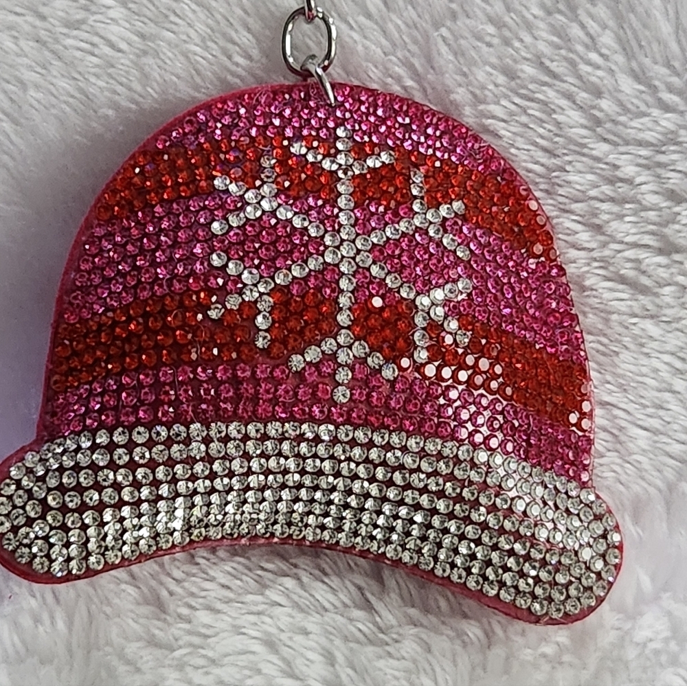 Winter Hat Pink and Silver Snowflake Design Keychain Bag Charm - Picture 2 of 3